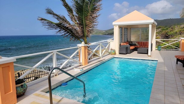 A pool area with a view of the ocean, a covered seating area, and a palm tree. - Relax in Paradise on St. Croix's North Shore - Cane Bay! (Christiansted)