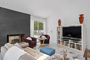 Smart TV, fireplace, video games, DVD player