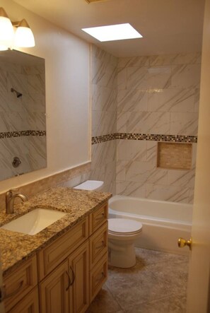 Combined shower/bathtub, hair dryer
