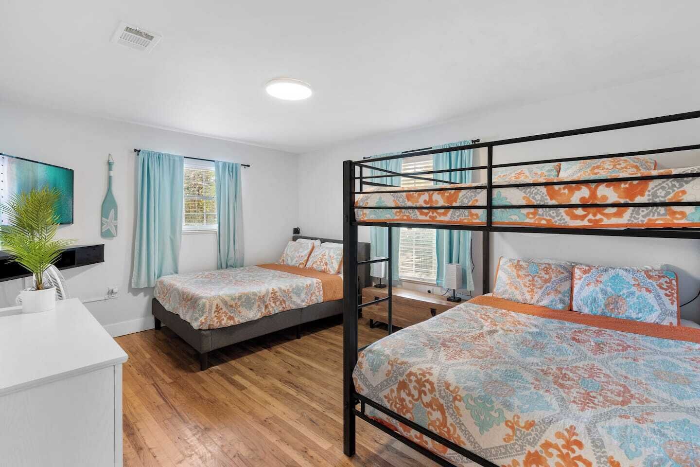 A dormitory room with bunk beds, a desk, a plant, and a window with curtains.