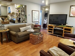 Smart TV, fireplace, books, computer monitors