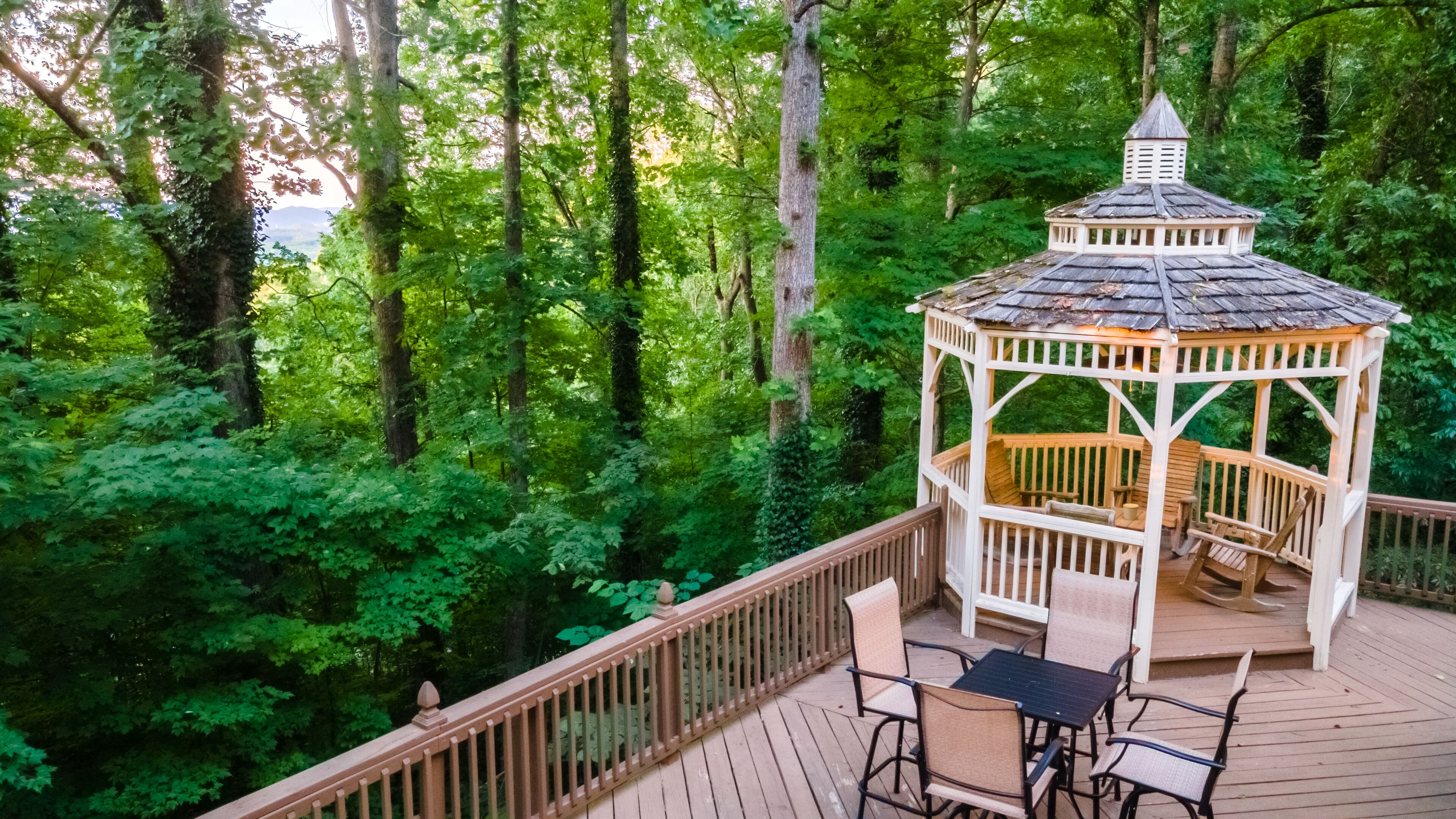 A gazebo with a wooden deck, surrounded by dense forest.