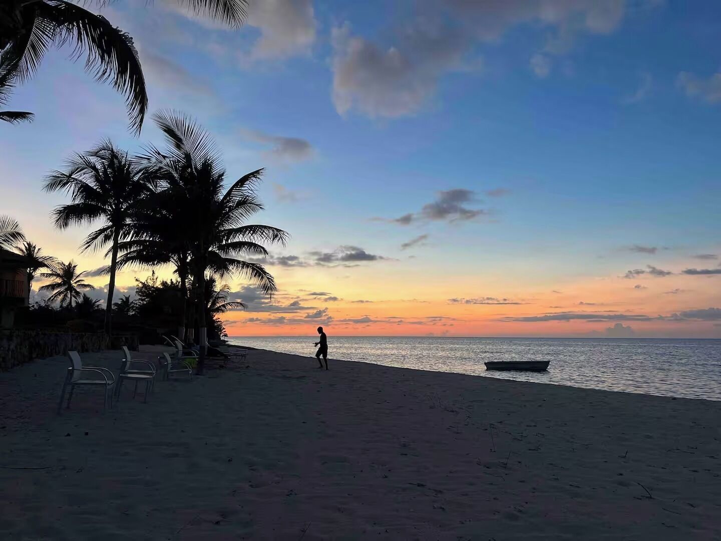 Una playa con palmeras, una persona caminando y un bote en el agua.