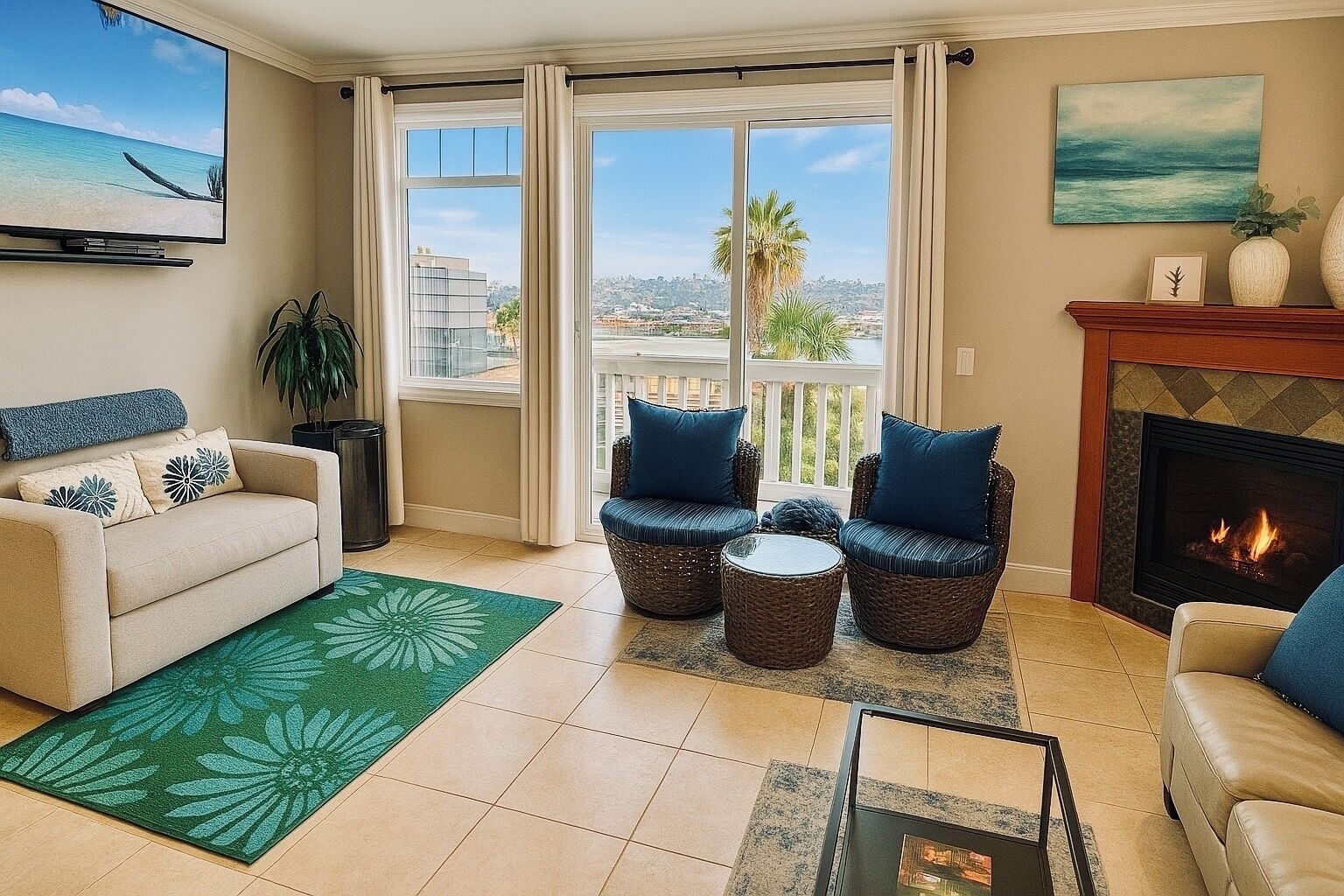 Smart TV, fireplace, books