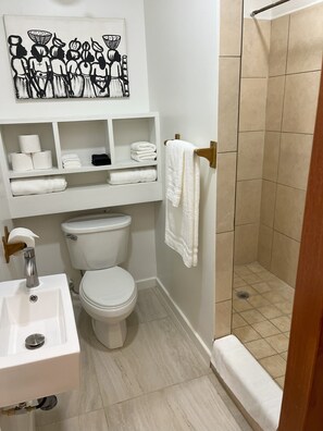 Dusche, Haartrockner, Handtücher, Seife