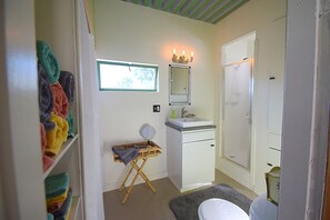 Hair dryer, towels, soap, shampoo
