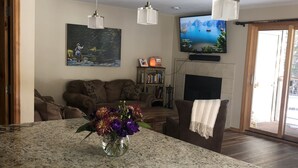 Un salon moderne doté d’un îlot en granit, d’une cheminée, d’un téléviseur et d’une grande fenêtre.