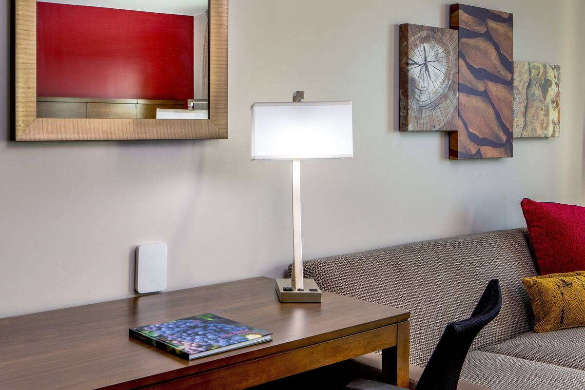 Une chambre d’hôtel avec un bureau en bois, une lampe blanche, un téléviseur rouge et un canap é agrémenté de coussins à motifs.