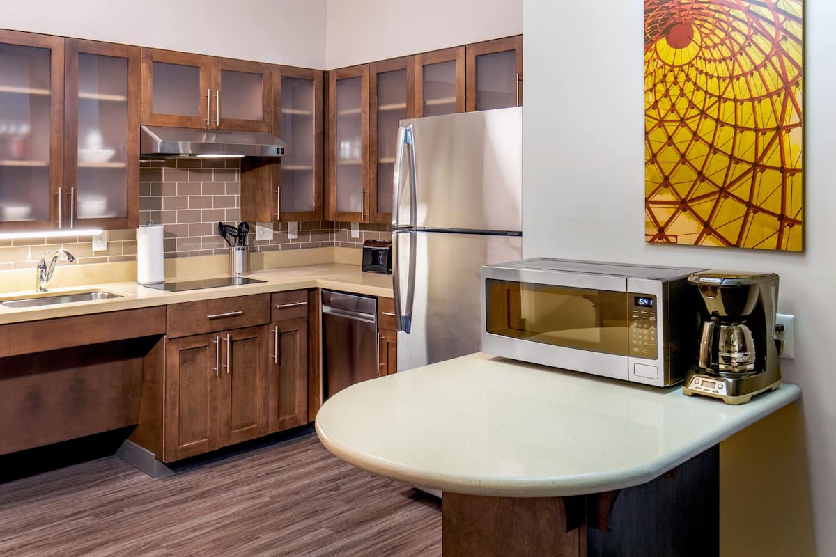 full-sized fridge, microwave, stovetop, dishwasher