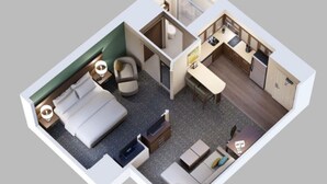 A 3D model of a compact hotel room with a bed, a small sitting area, a kitchenette, and a bathroom. - Staybridge Suites Charlottesville Airport by IHG (Charlottesville)