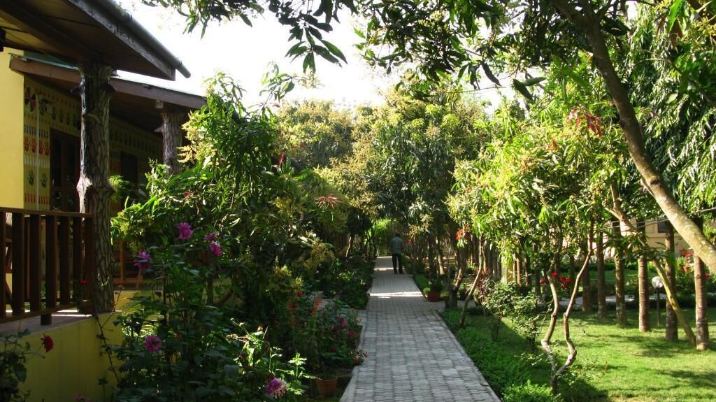 Un sendero en un jardín que conduce a un edificio con fachada amarilla y columnas de madera.