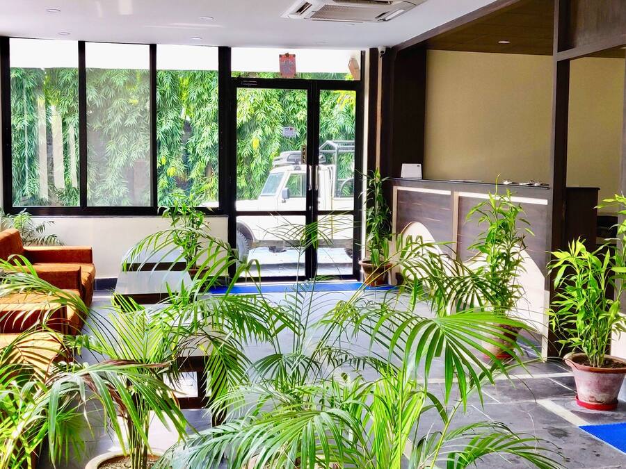 A reception area with a reception desk, seating area, and potted plants.