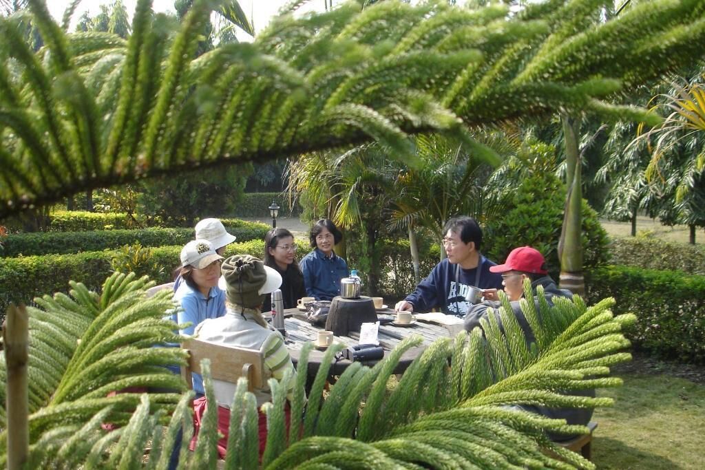 A group of people seated around a table in a garden with cacti and palm trees.