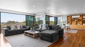 Televisión, chimenea, reproductor de DVD y estéreo 