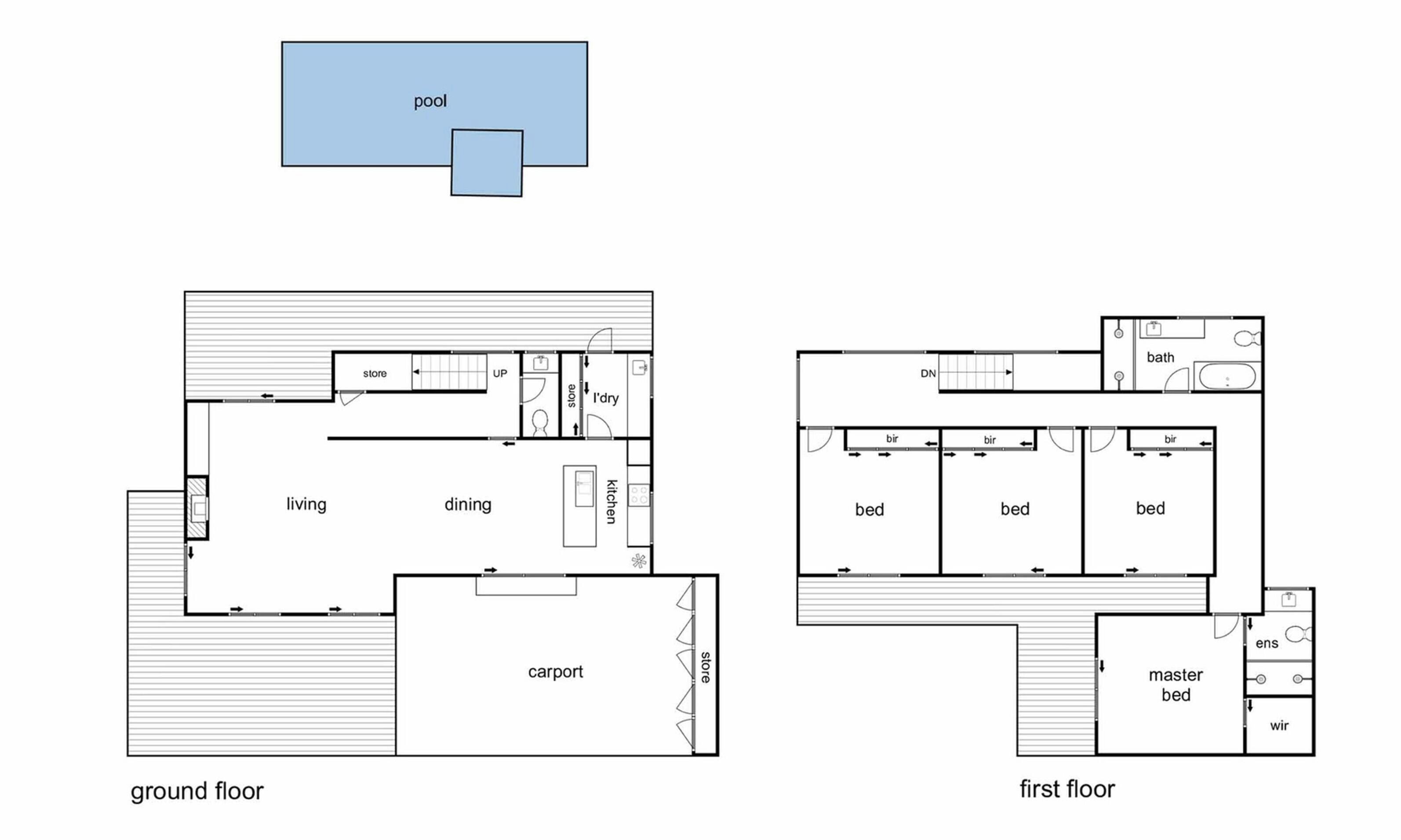 A ground floor plan with a living area, dining space, kitchen, and a carport.