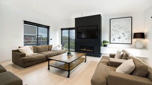 Televisión, chimenea, reproductor de DVD