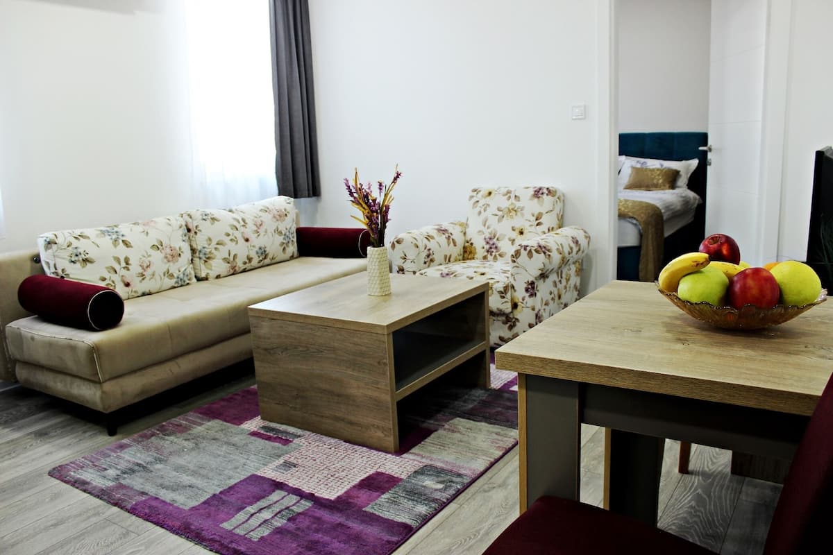 Apartamento básico, 1 habitación | Sala de estar | Una televisión de pantalla plana