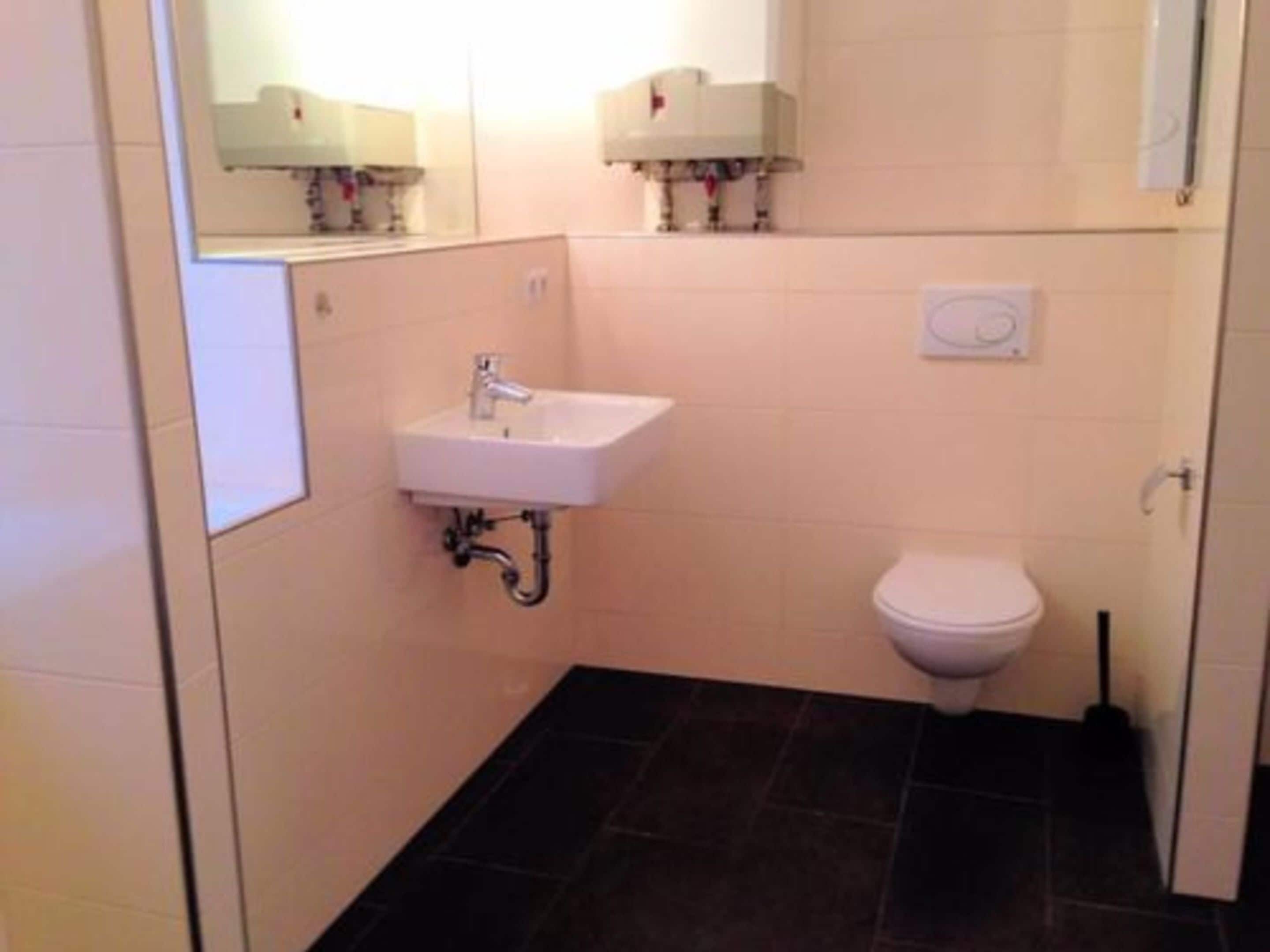 A small bathroom with a white sink, a toilet, and a mirror above the sink.