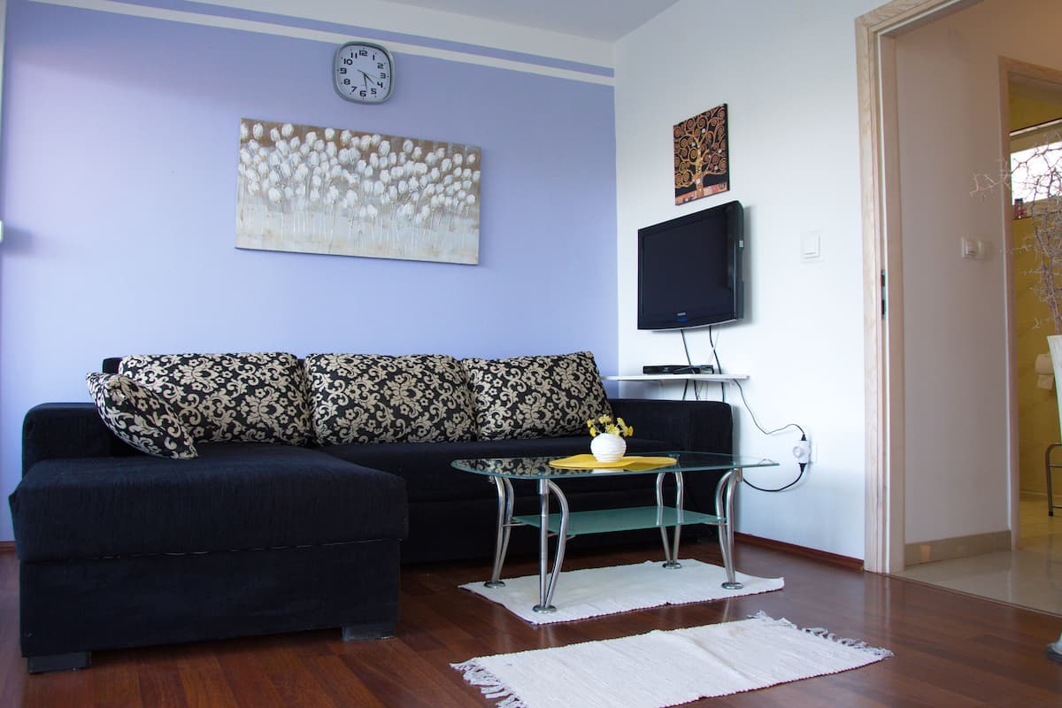A living room with a dark blue sofa, a glass coffee table with a yellow tray, and a flat-screen TV mounted on the wall.