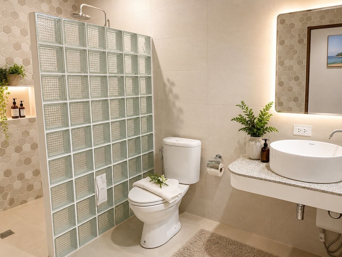 A modern bathroom with a glass shower enclosure, a toilet, a sink with a marble countertop, and a mirror above the sink.
