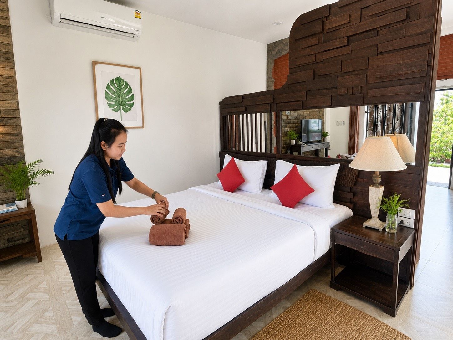 A hotel room with a bed, a nightstand, a lamp, and a TV.