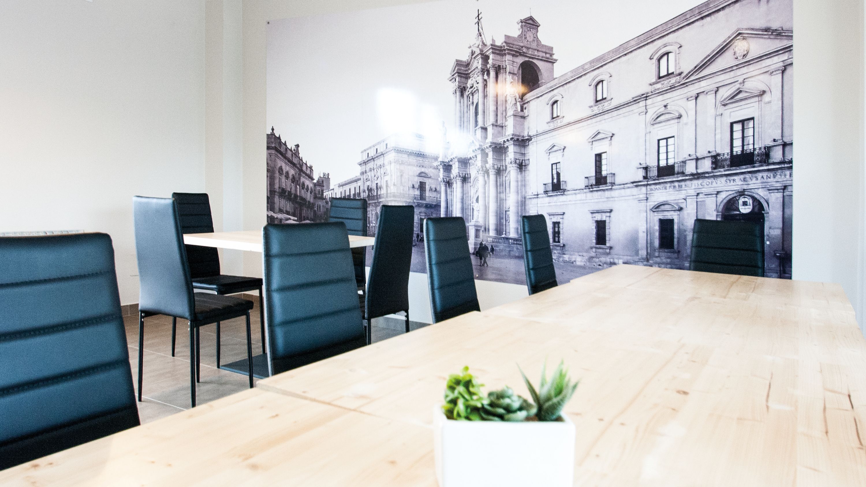 A conference room with a long table and several chairs, a potted plant on the table, and a mural of a historic building on the wall.