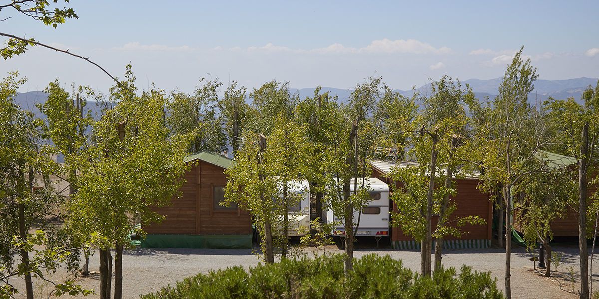 A campground with RVs and cabins, surrounded by trees and mountains in the background.