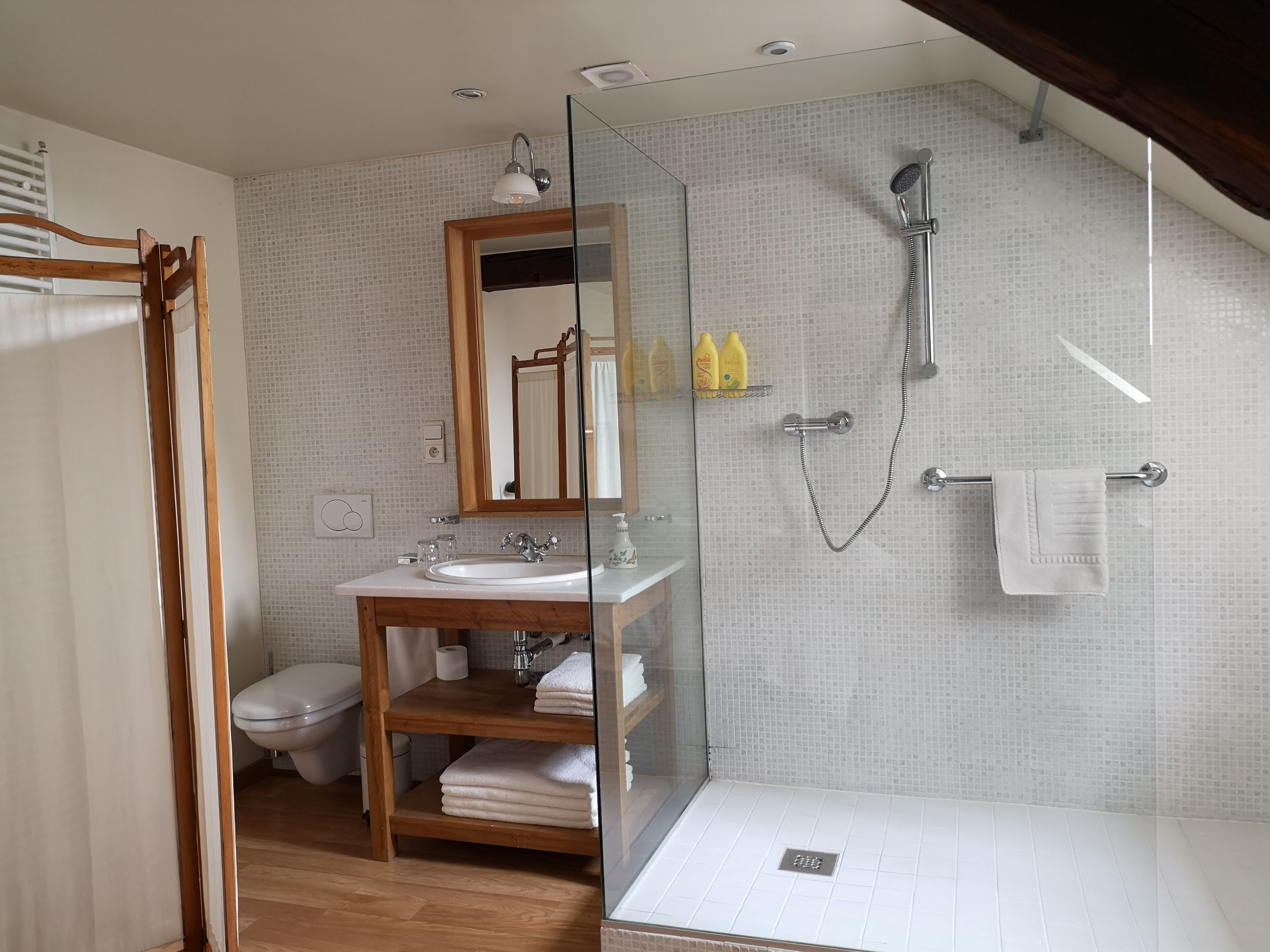 A modern bathroom with a glass shower enclosure, a wooden vanity with a mirror, and a toilet.