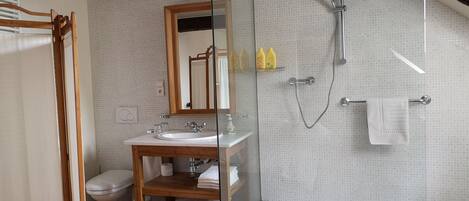 A modern bathroom with a glass shower enclosure, a wooden vanity with a mirror, and a toilet.