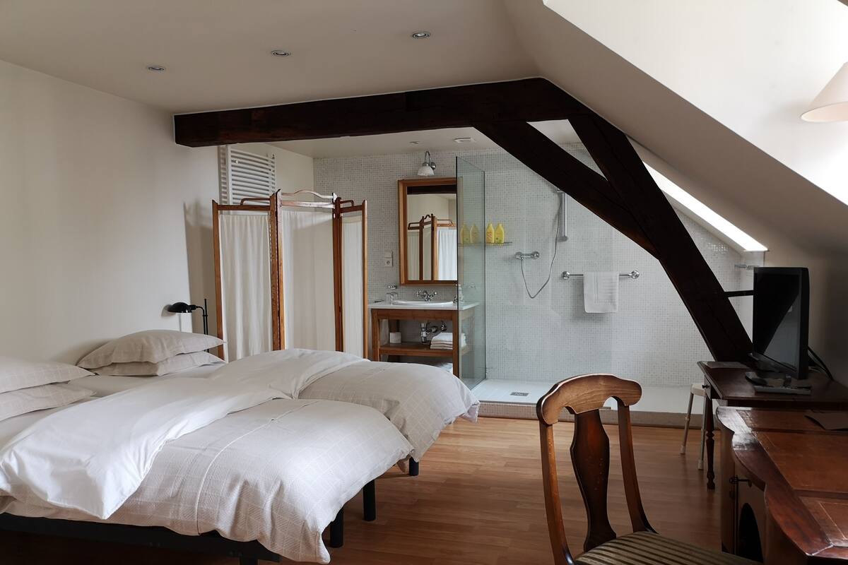 Quarto com cama, uma cadeira de madeira, escrivaninha com computador, área de chuveiro e claraboia.