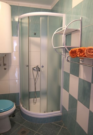 A glass-enclosed shower stall with a white toilet and a towel rack with two towels. - Apartments Tanja & Josipa (Pag)