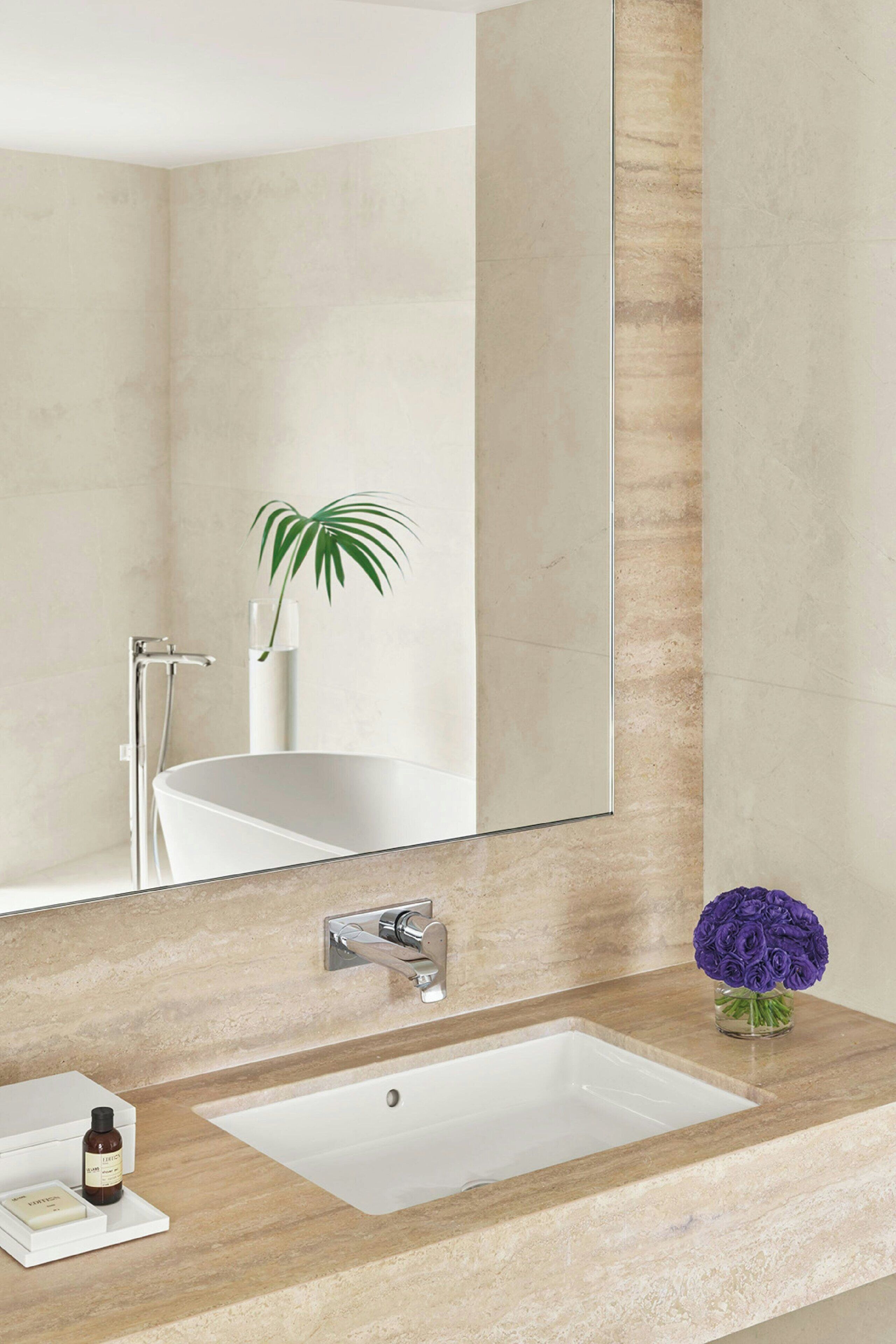 Un baño con un espejo grande, un lavabo y una planta.