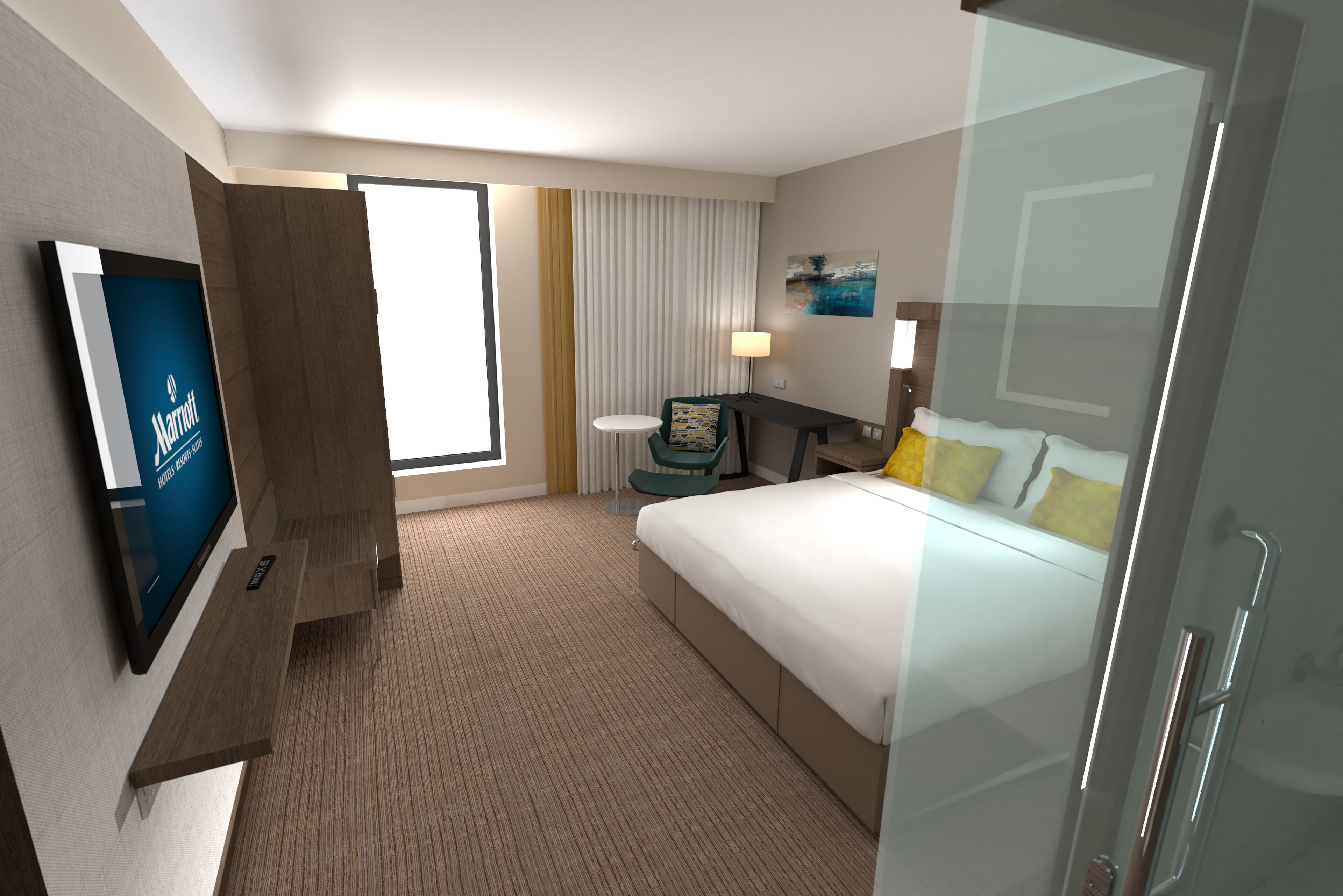 Een hotelkamer met een bed, een bureau, een stoel, een televisie en een raam met gordijnen.