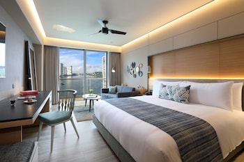 Room, 1 King Bed with Sofa bed, Marina View (Balcony) | In-room safe, desk, soundproofing, iron/ironing board at Renaissance Cancun Resort & Marina