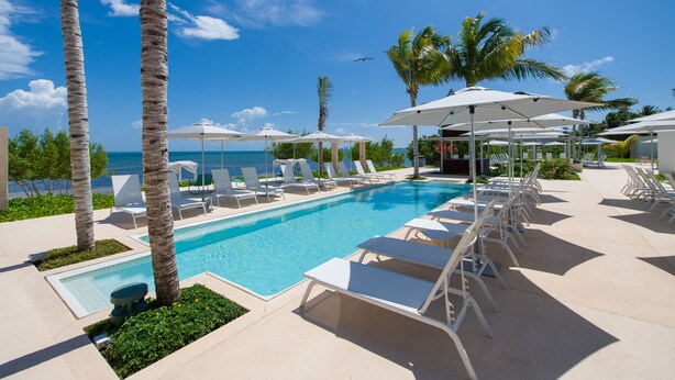 A pool area with lounge chairs and umbrellas, surrounded by palm trees and a clear view of the ocean. - Renaissance Cancun Resort & Marina (Cancún)