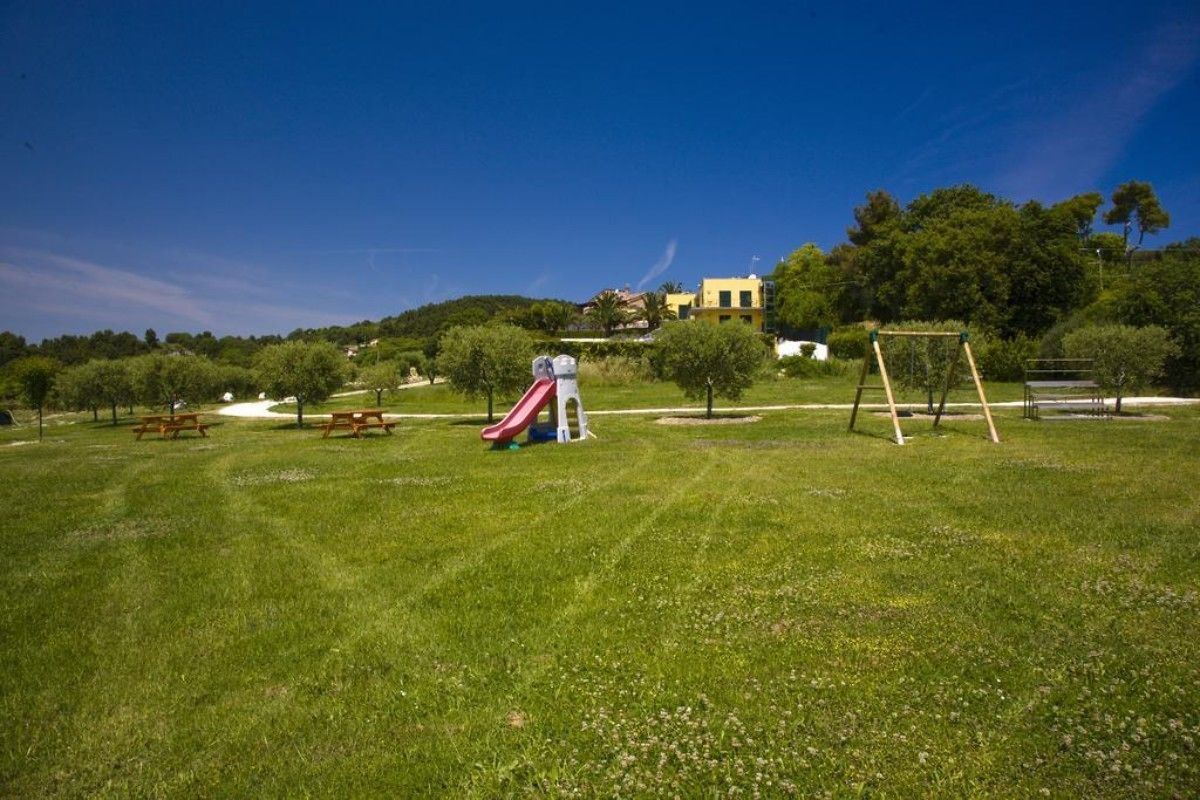 A grassy park with picnic tables, a slide, and swings.