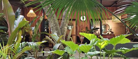 Decoración tropical con plantas verdes grandes, muebles de madera y una lámpara colgante.