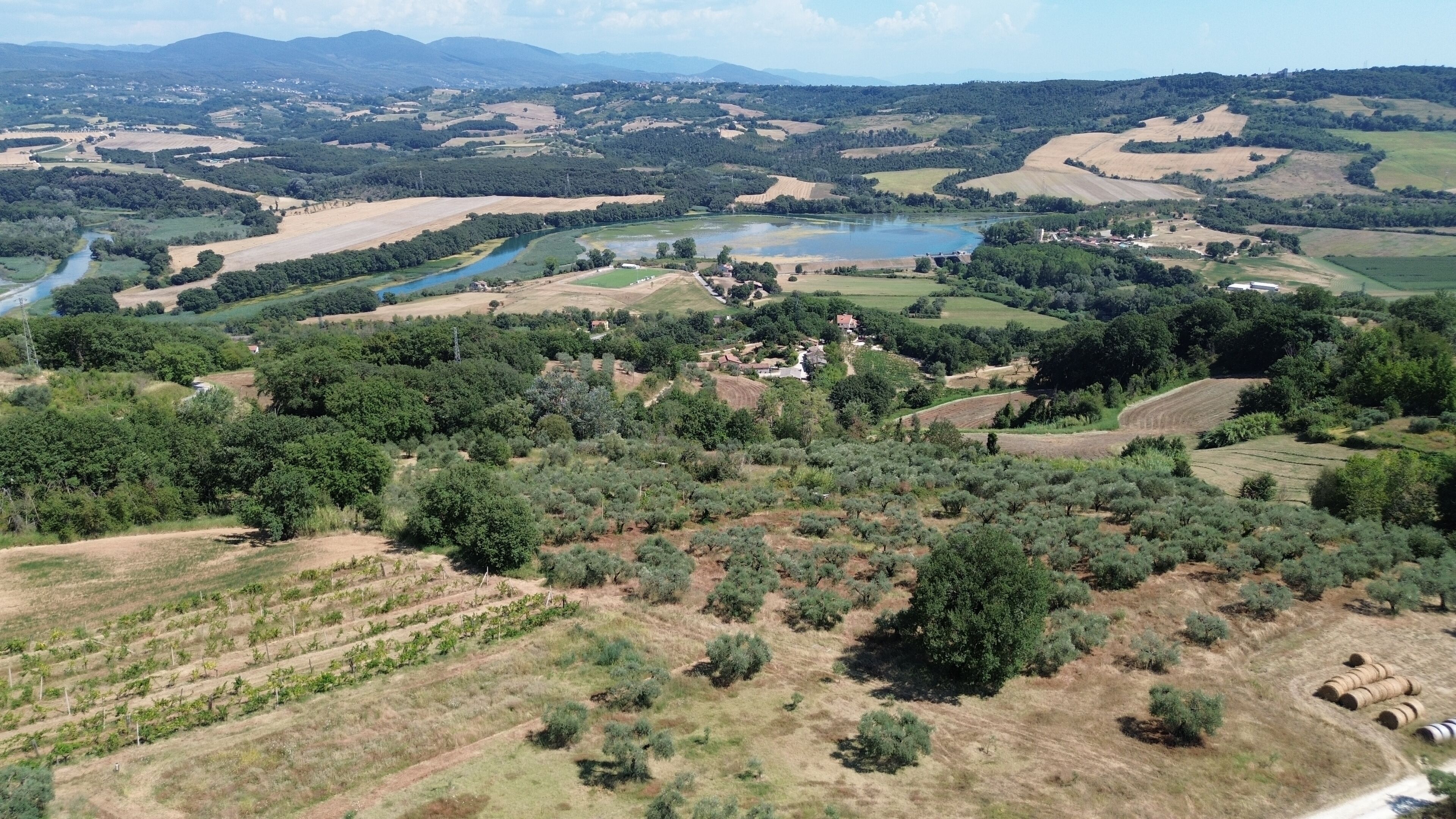 Vista aérea de un paisaje rural con campos, un lago y edificios dispersos.