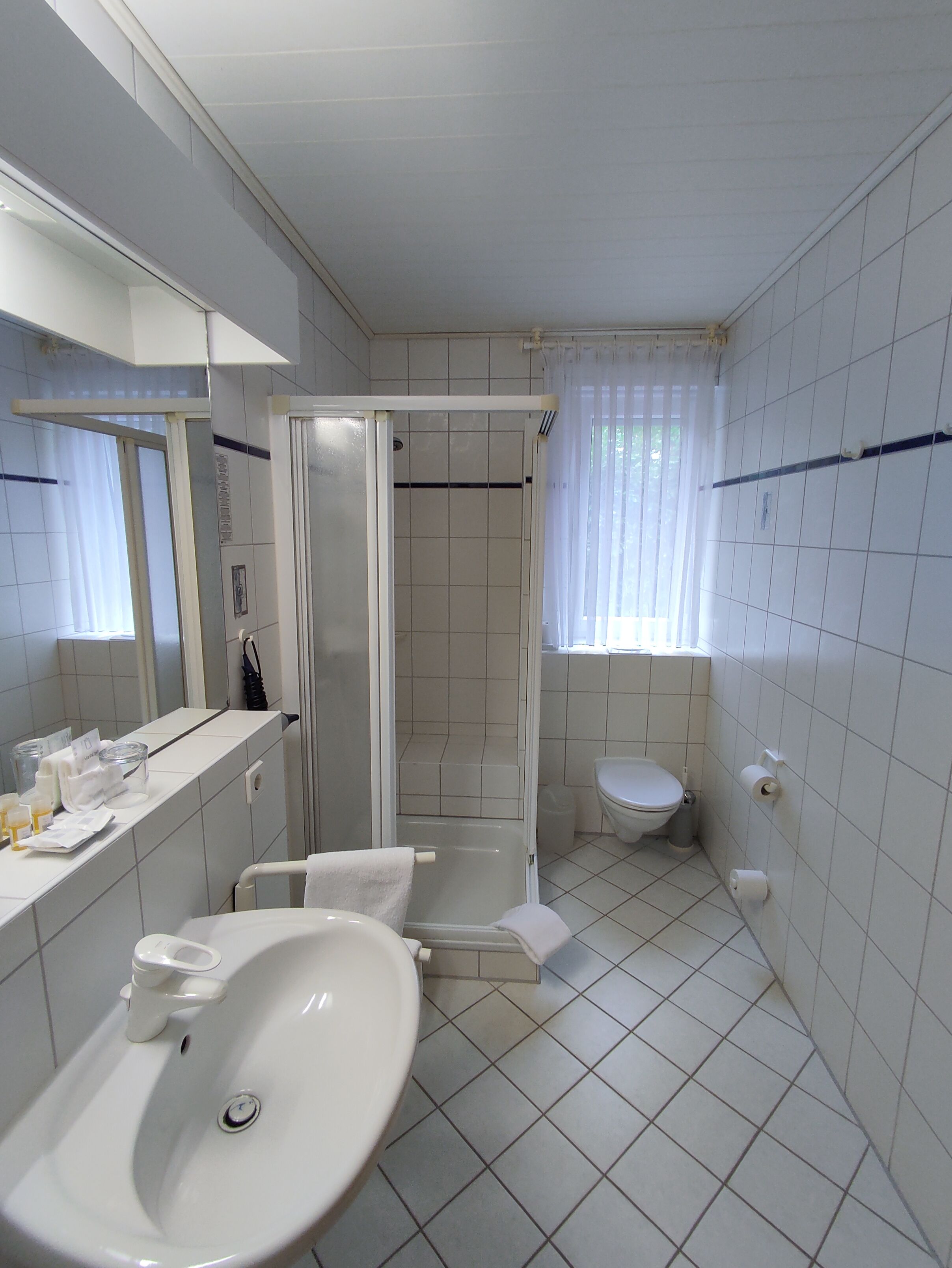twin room | bathroom | shower, free toiletries, hair dryer, towels