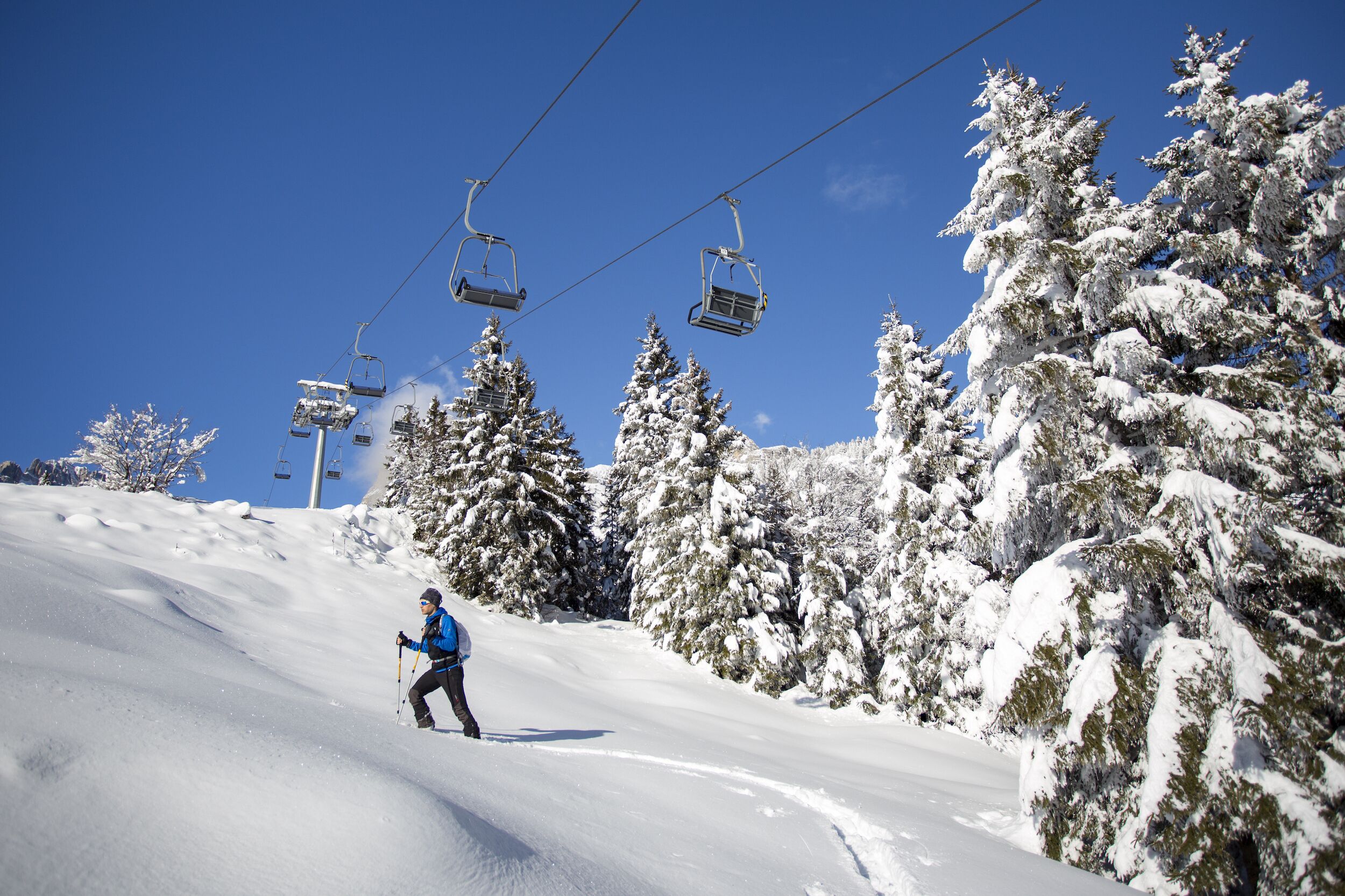 Une piste de ski avec une personne qui skie, des arbres couverts de neige et un télésiège en arrière-plan.