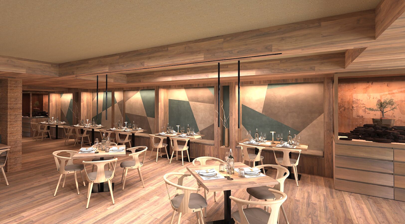 A modern restaurant with wooden flooring, multiple dining tables, and chairs.