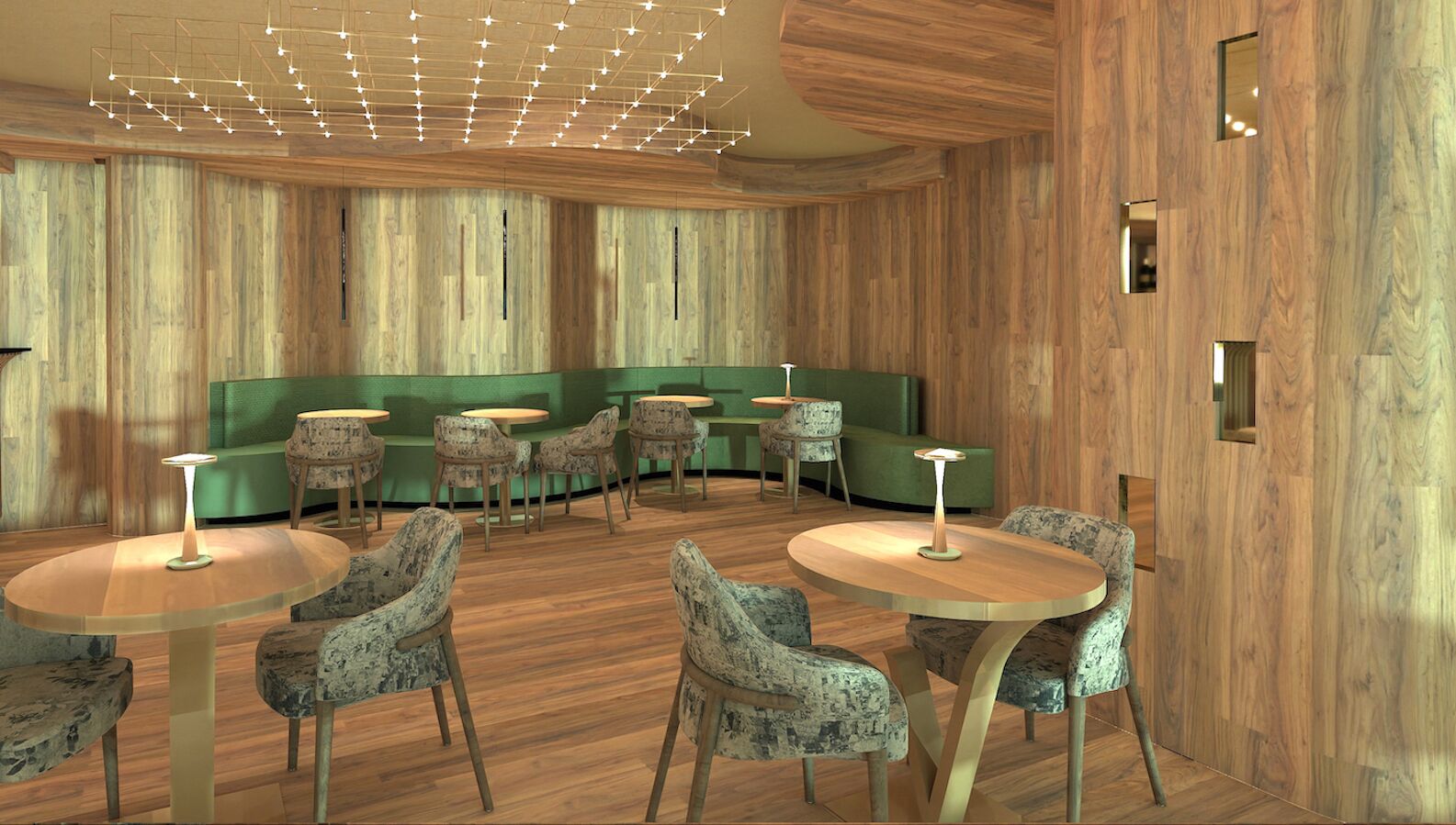 Ein modernes Interieur mit Holzwandverkleidung, grünen Sitzmöglichkeiten und runden Tischen mit Stühlen.