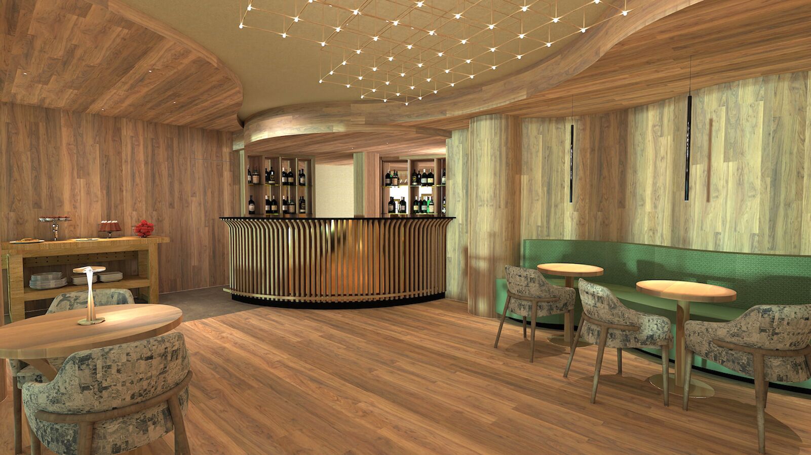 A modern interior with wooden flooring, a curved bar area, and seating arrangements.