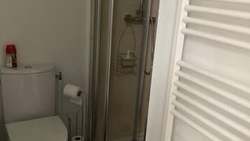 A bathroom with a toilet, a shower enclosure, and a radiator.