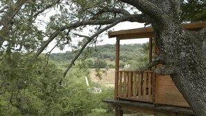 Una terraza de madera adosada a una casa del árbol con vistas a un paisaje de hierba y edificios lejanos.