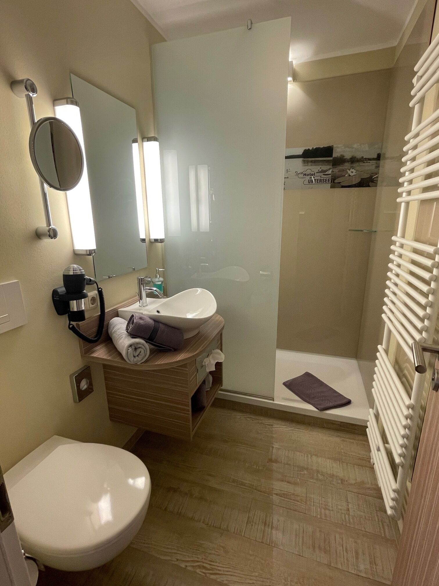 A modern bathroom with a white toilet, a vanity with a mirror, a sink, and a shower area.