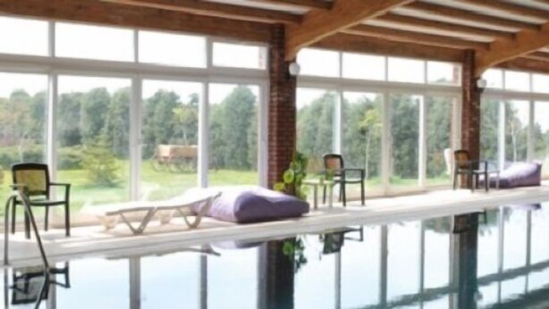 Ein Hallenbad mit Blick auf einen Wald.