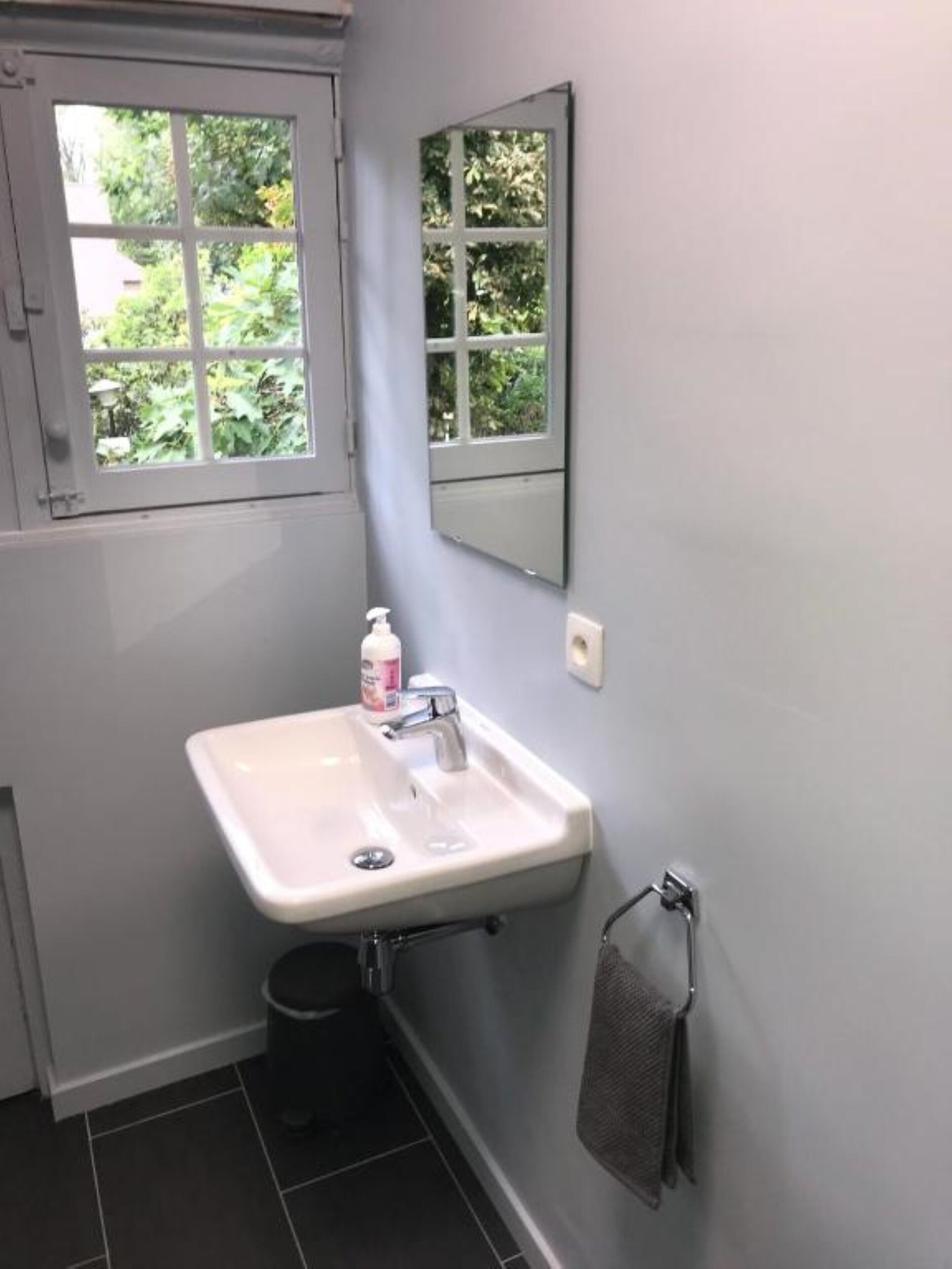 Een badkamer met een witte wastafel, een spiegel, een raam en een handdoekhouder.