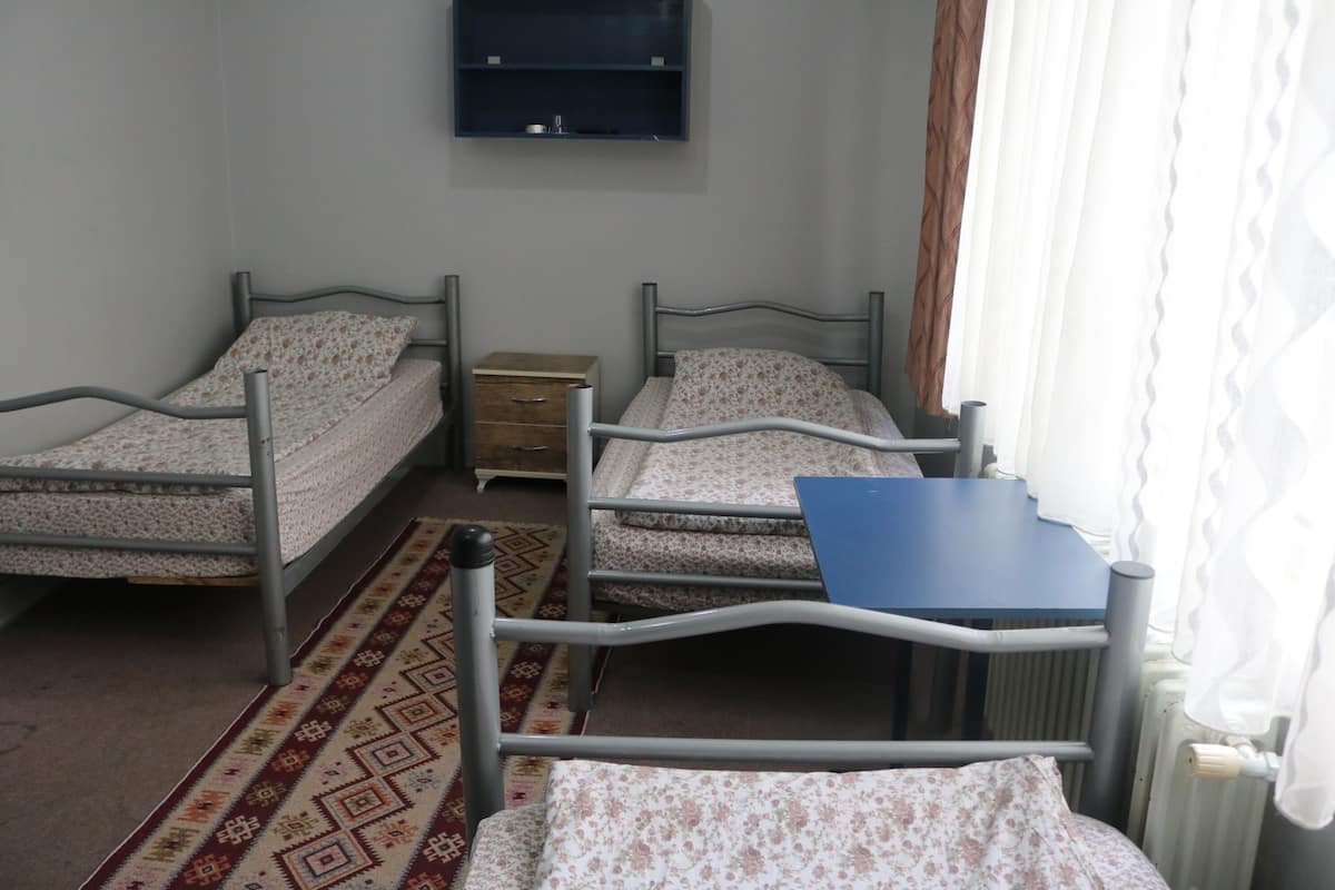 Une chambre avec deux lits simples, une petite table de chevet en bois, une table bleue et une étagère fixée au mur.