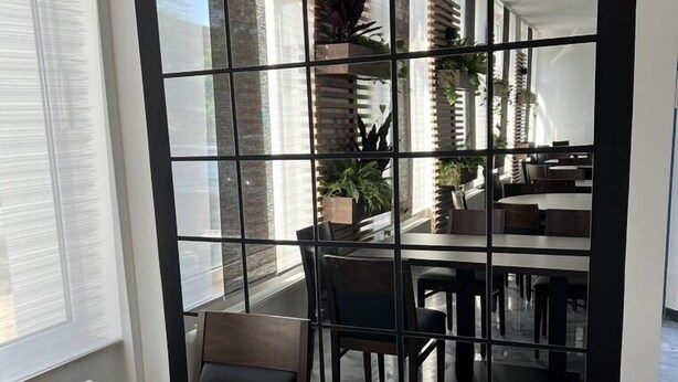 Un comedor moderno con un separador de vidrio, una mesa de comedor, sillas y plantas en macetas.